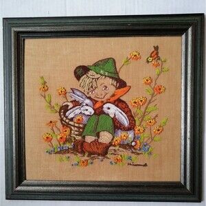 Vintage Framed Crewel Needlepoint Embroidery Hummel Boy with Rabbits 70s